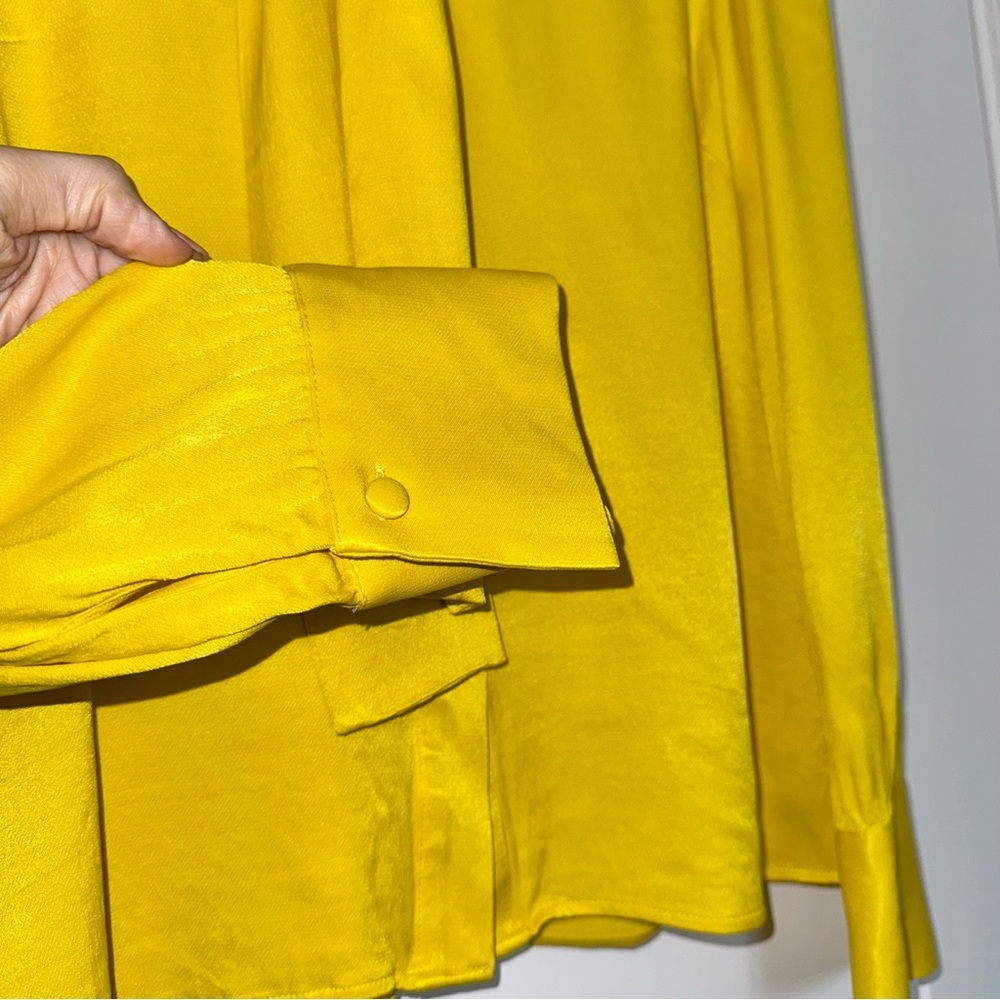 Zara yellow satin viscose neck bow tie detail button up blouse, size medium - Picture 11 of 16